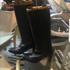 Black leather high-heeled boots